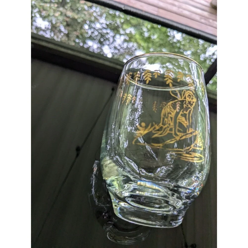 White Rock Tumblers Set 4 Nymph Fairy VTG GingerAle Gold Paint Glass MCM 50s 60s